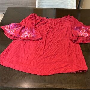 Lux Red Off-Shoulder Embroidered Sleeve Mini Dress